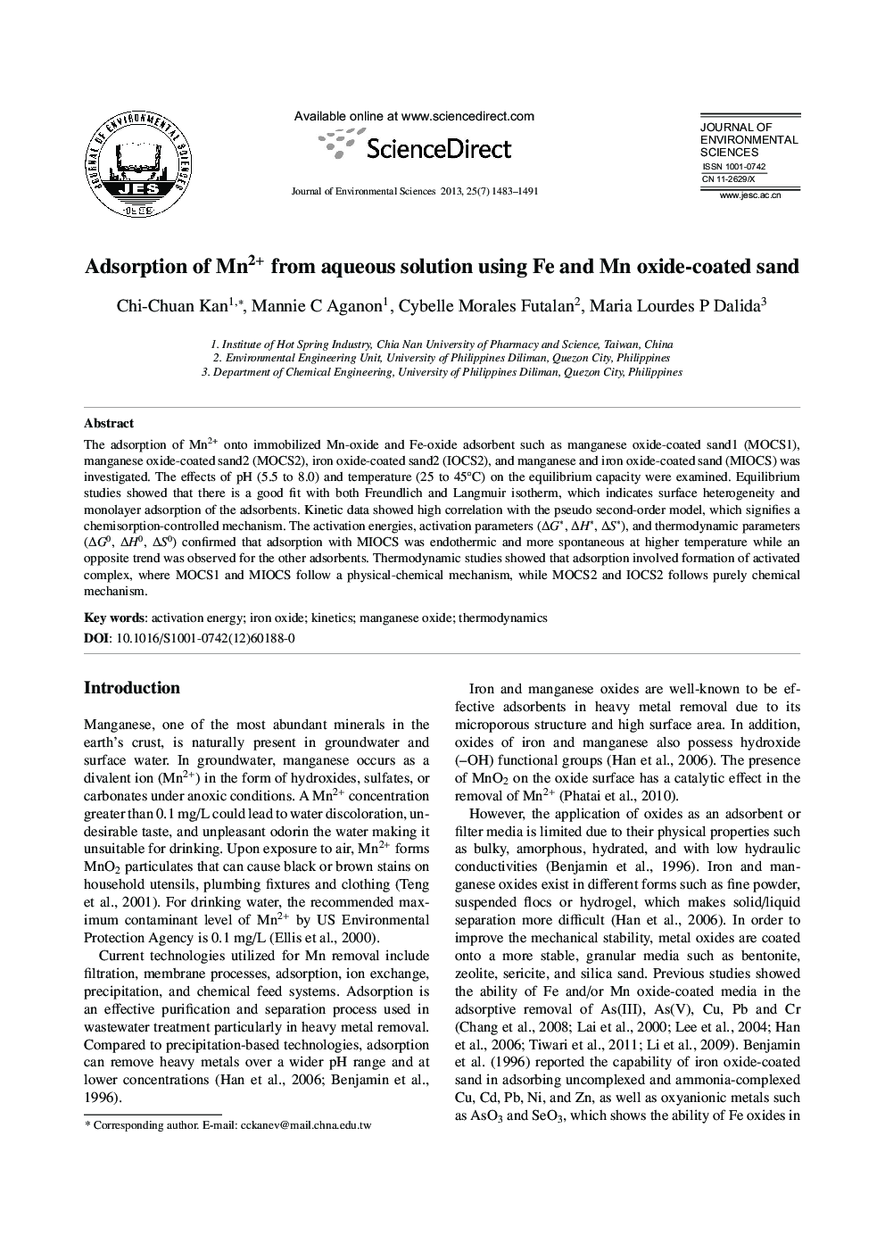 Adsorption of Mn2+ from aqueous solution using Fe and Mn oxide-coated sand