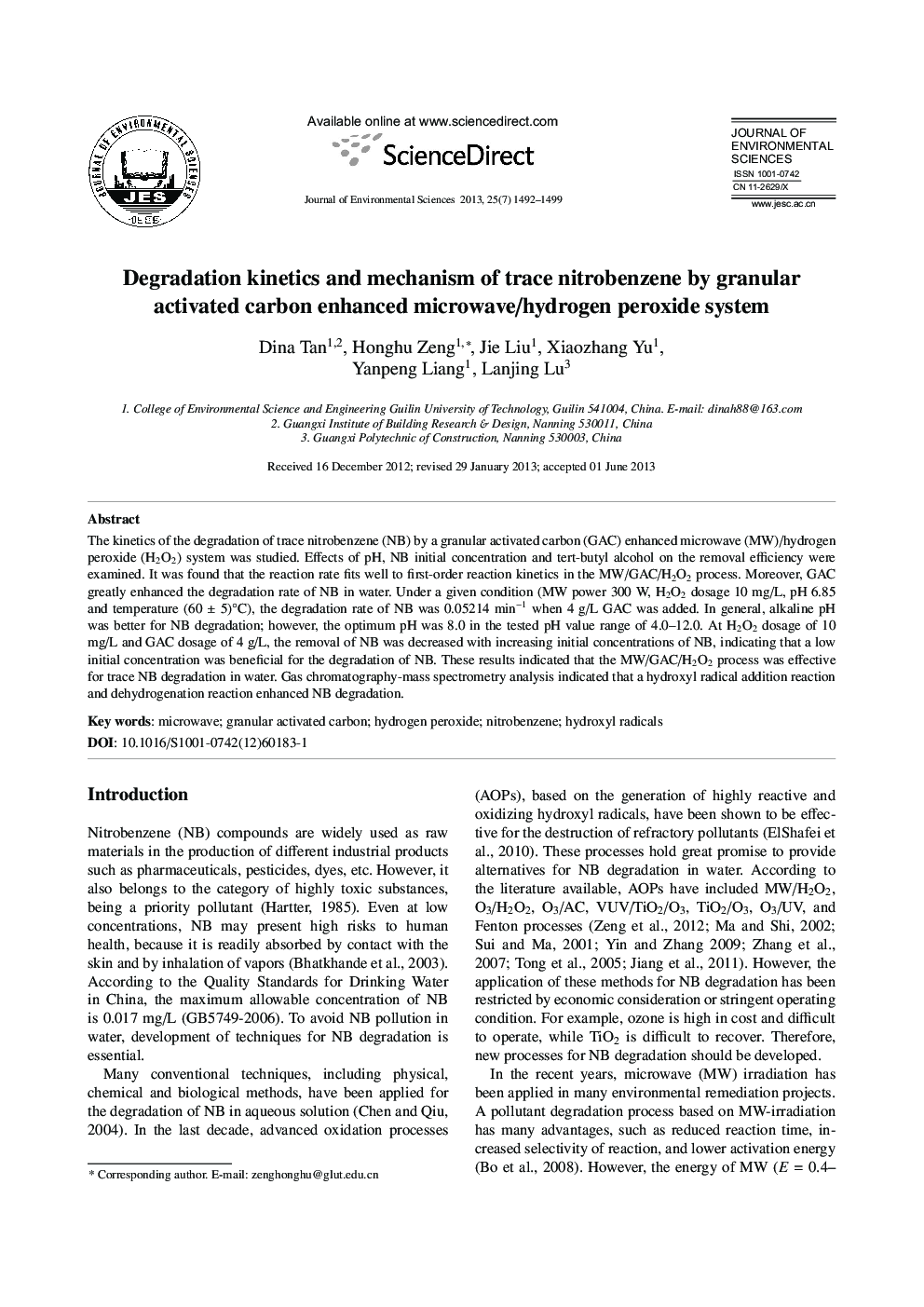 Degradation kinetics and mechanism of trace nitrobenzene by granular activated carbon enhanced microwave/hydrogen peroxide system