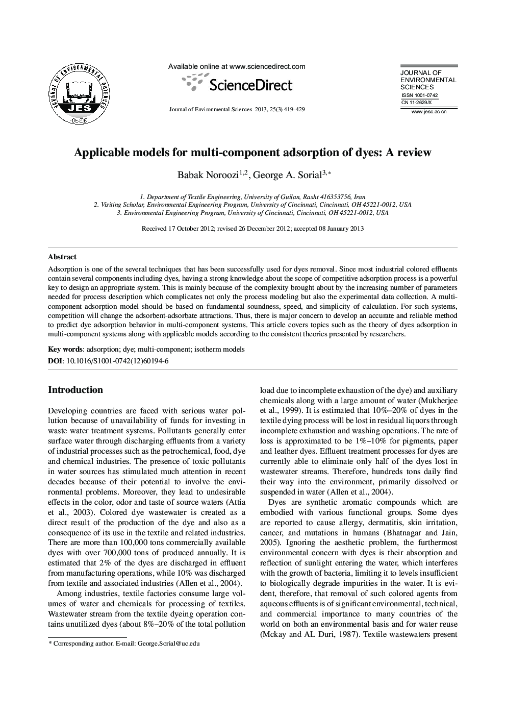 Applicable models for multi-component adsorption of dyes: A review