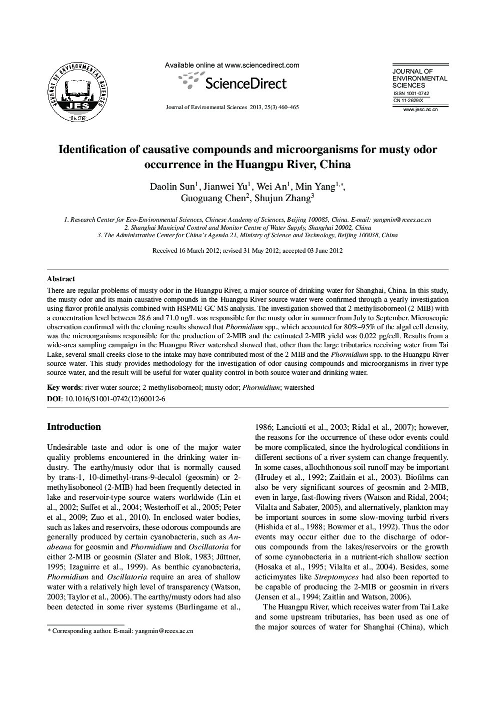 Identification of causative compounds and microorganisms for musty odor occurrence in the Huangpu River, China