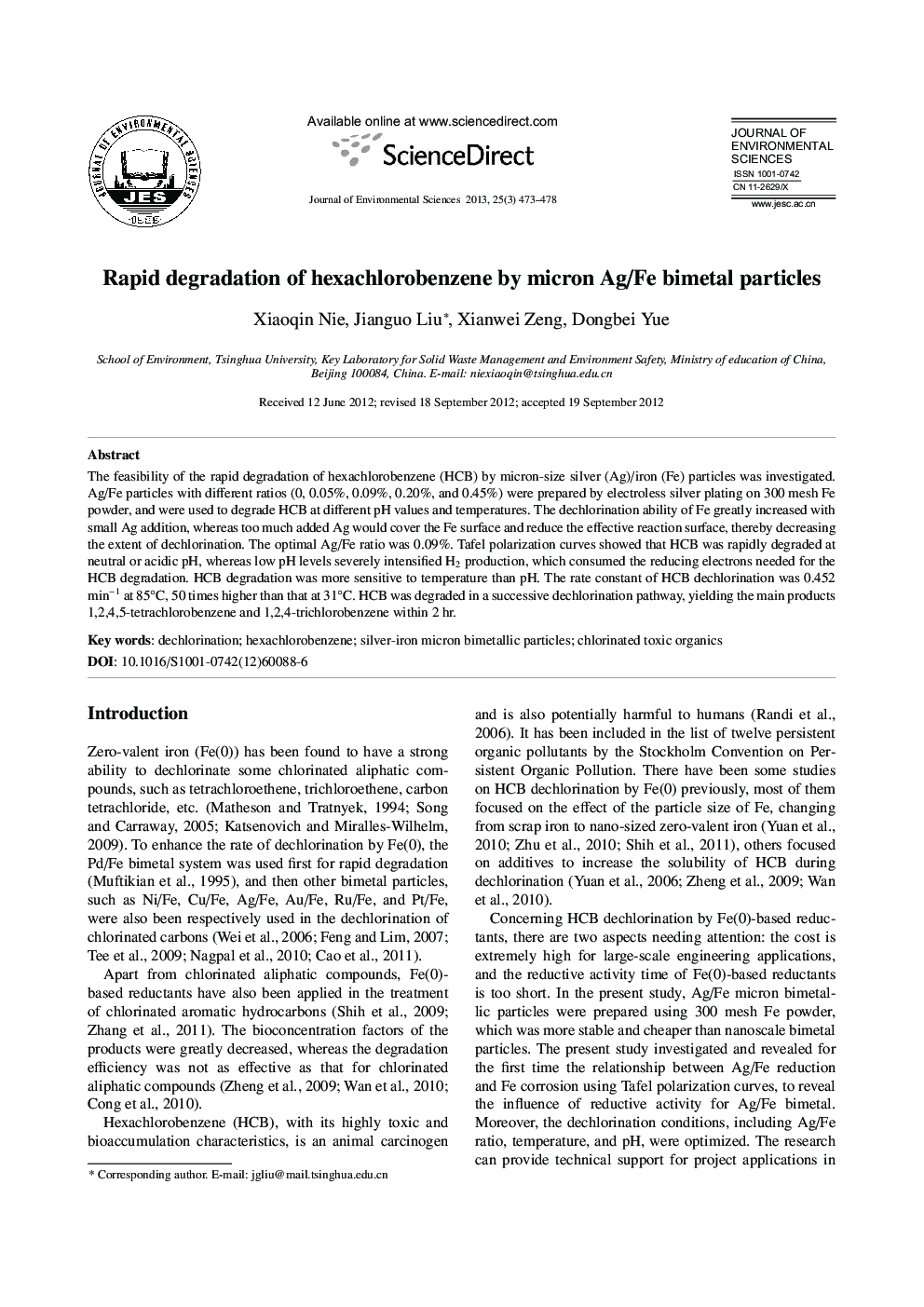 Rapid degradation of hexachlorobenzene by micron Ag/Fe bimetal particles