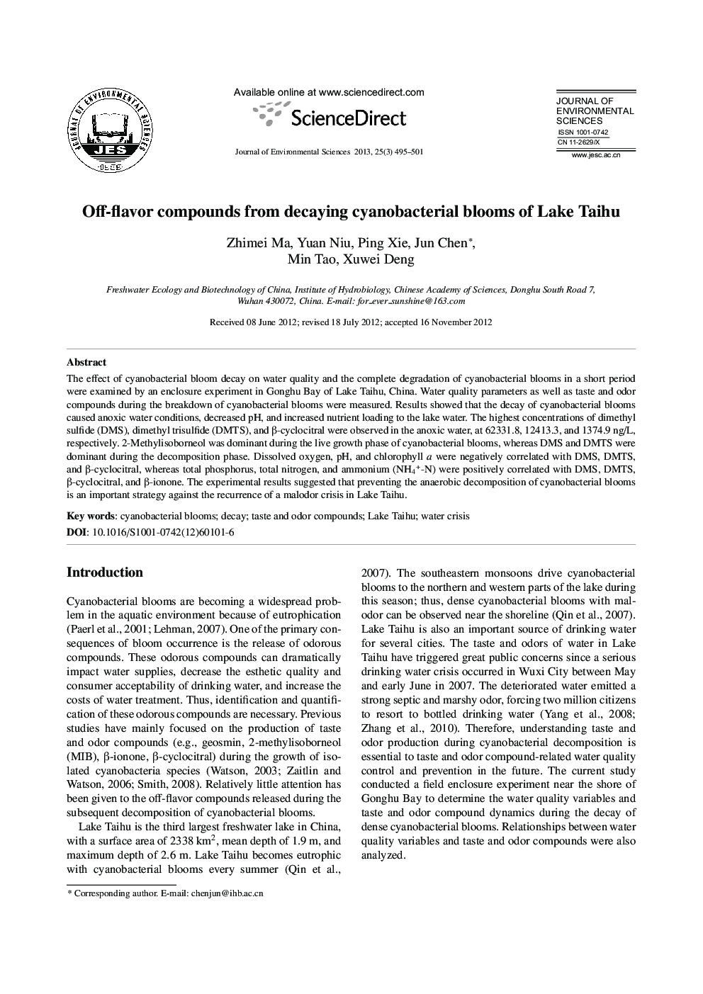 Off-flavor compounds from decaying cyanobacterial blooms of Lake Taihu