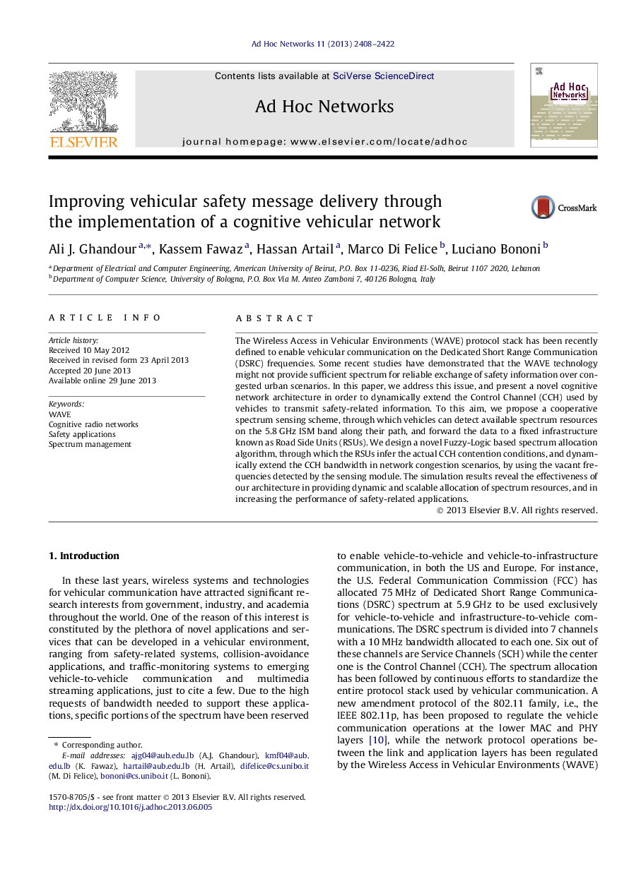 Improving vehicular safety message delivery through the implementation of a cognitive vehicular network