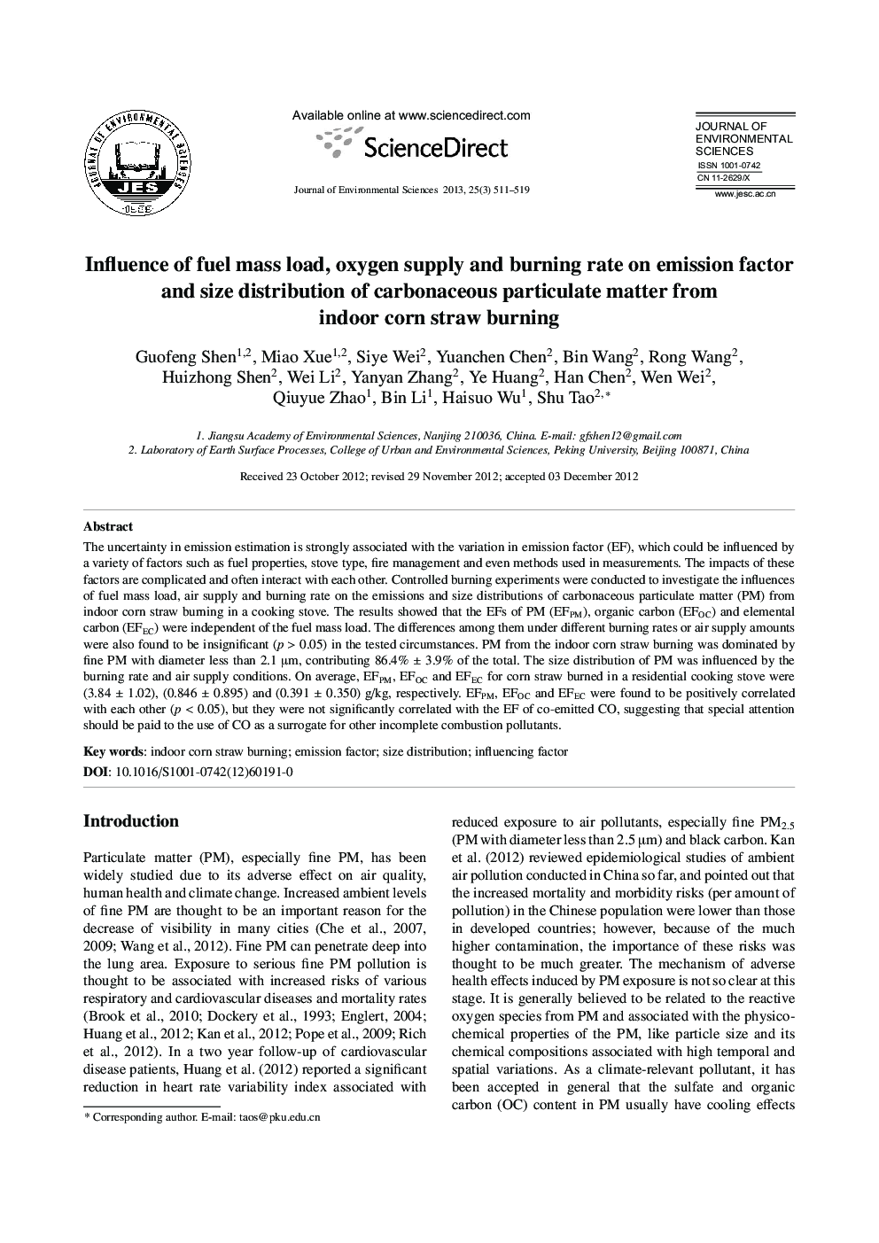 Influence of fuel mass load, oxygen supply and burning rate on emission factor and size distribution of carbonaceous particulate matter from indoor corn straw burning