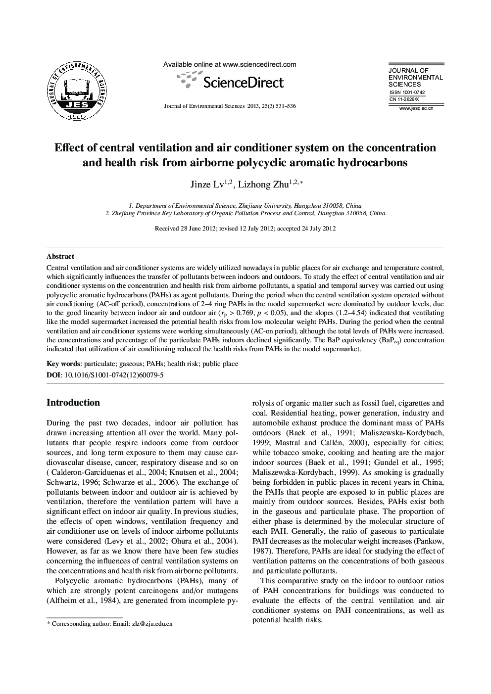 Effect of central ventilation and air conditioner system on the concentration and health risk from airborne polycyclic aromatic hydrocarbons