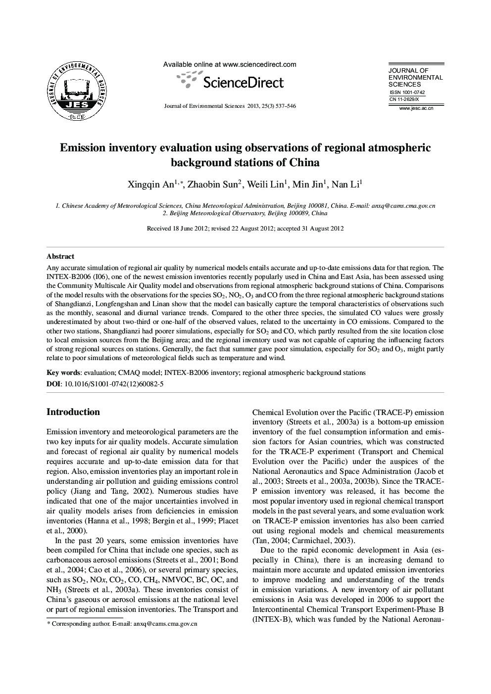Emission inventory evaluation using observations of regional atmospheric background stations of China