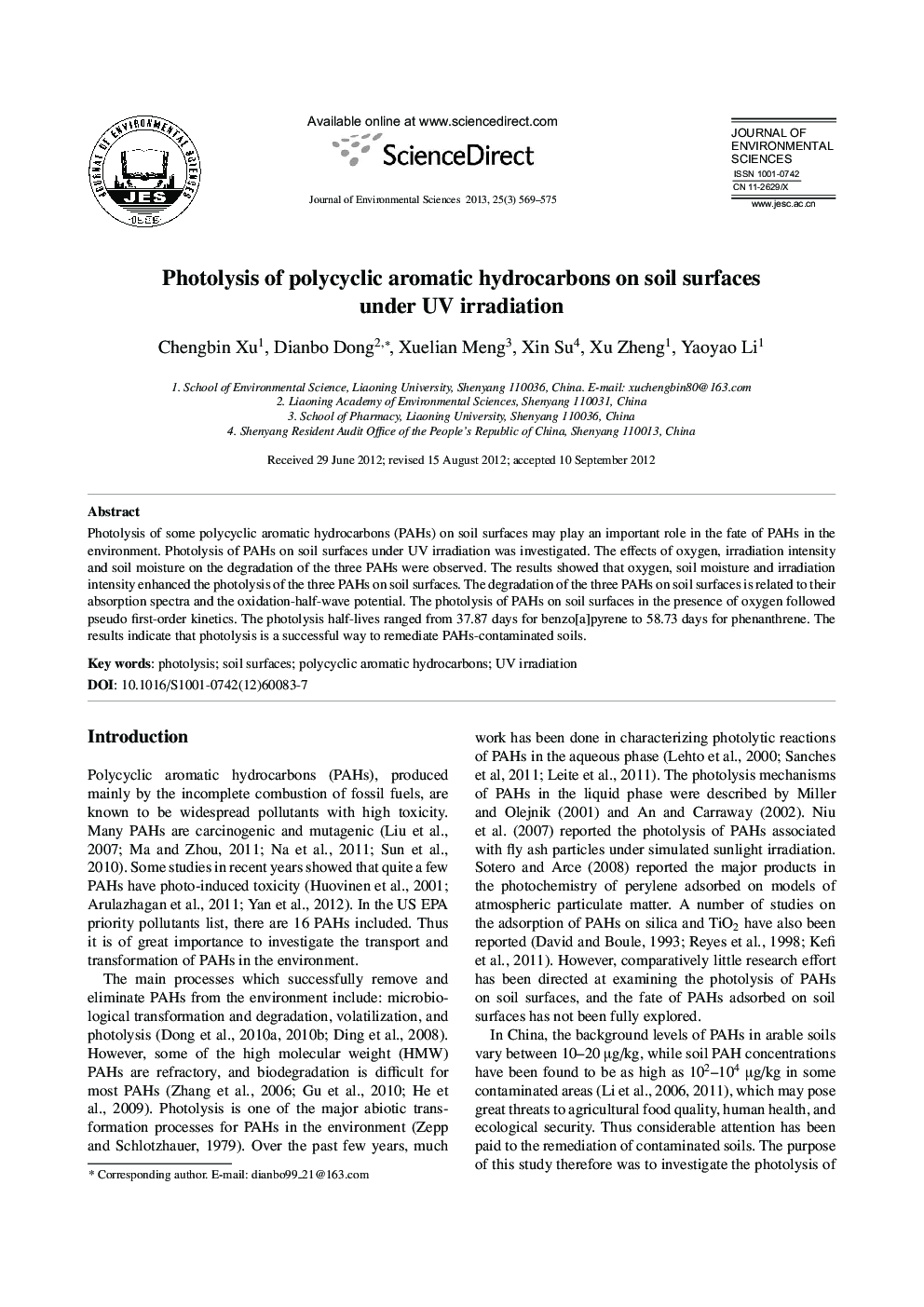 Photolysis of polycyclic aromatic hydrocarbons on soil surfaces under UV irradiation
