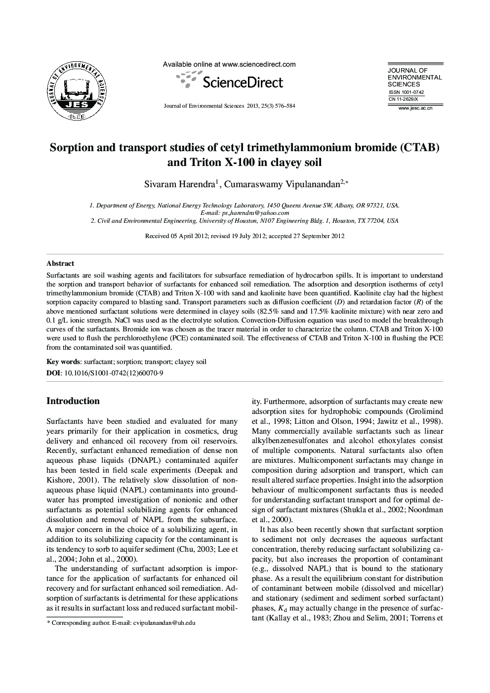 Sorption and transport studies of cetyl trimethylammonium bromide (CTAB) and Triton X-100 in clayey soil