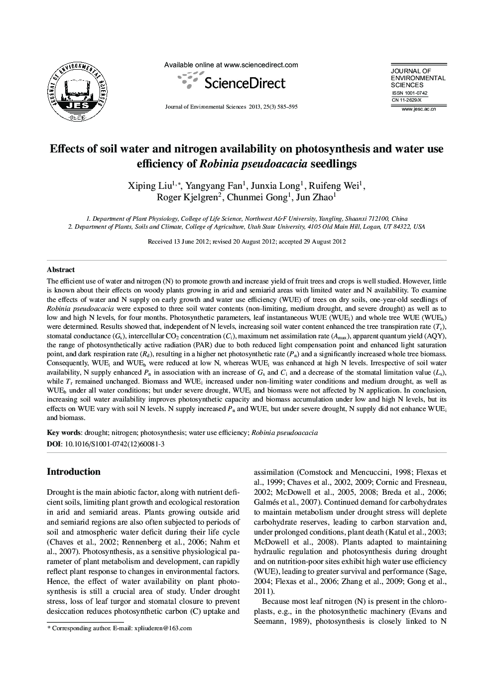 Effects of soil water and nitrogen availability on photosynthesis and water use efficiency of Robinia pseudoacacia seedlings