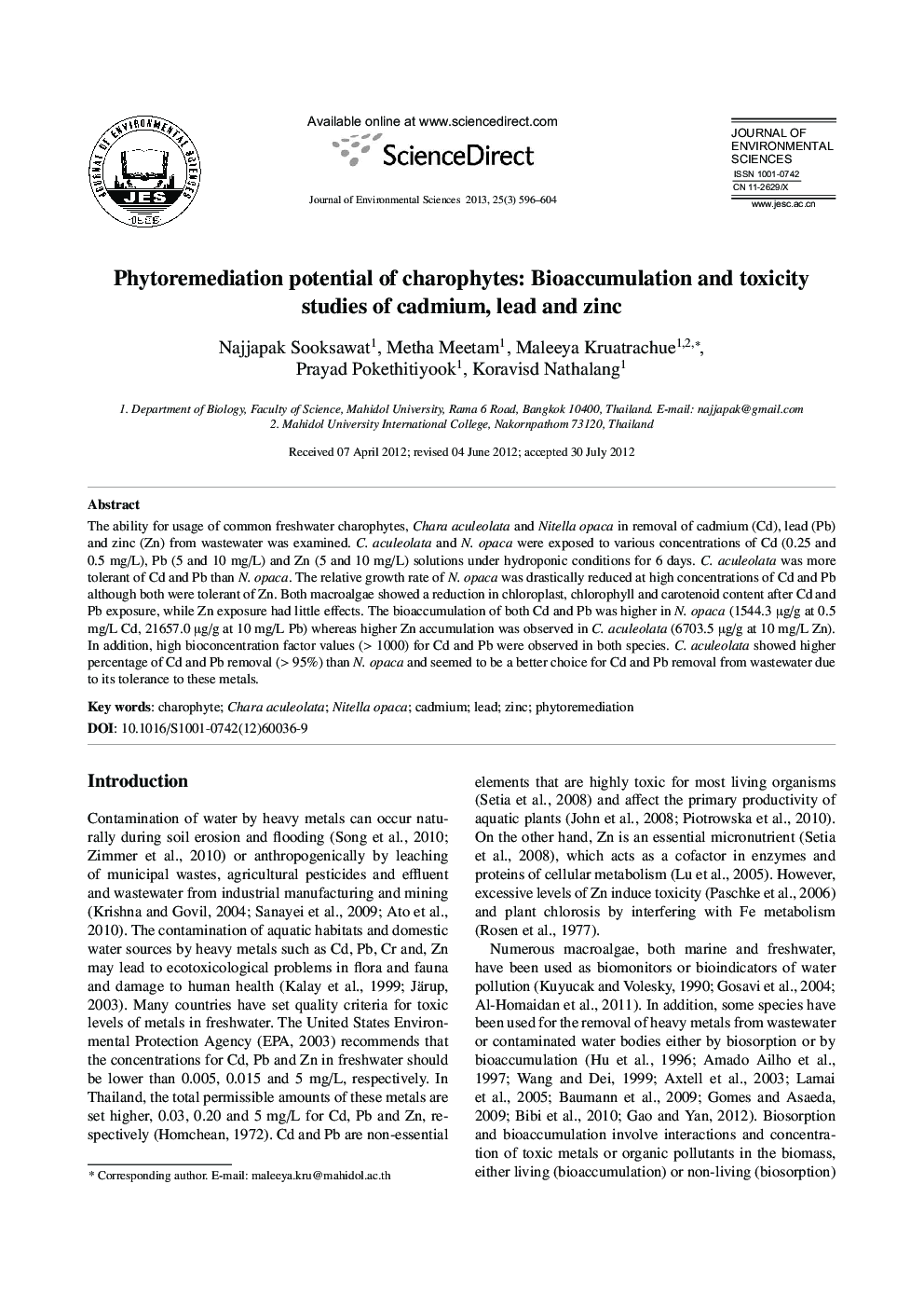 Phytoremediation potential of charophytes: Bioaccumulation and toxicity studies of cadmium, lead and zinc