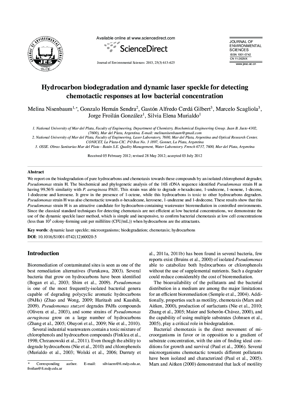 Hydrocarbon biodegradation and dynamic laser speckle for detecting chemotactic responses at low bacterial concentration