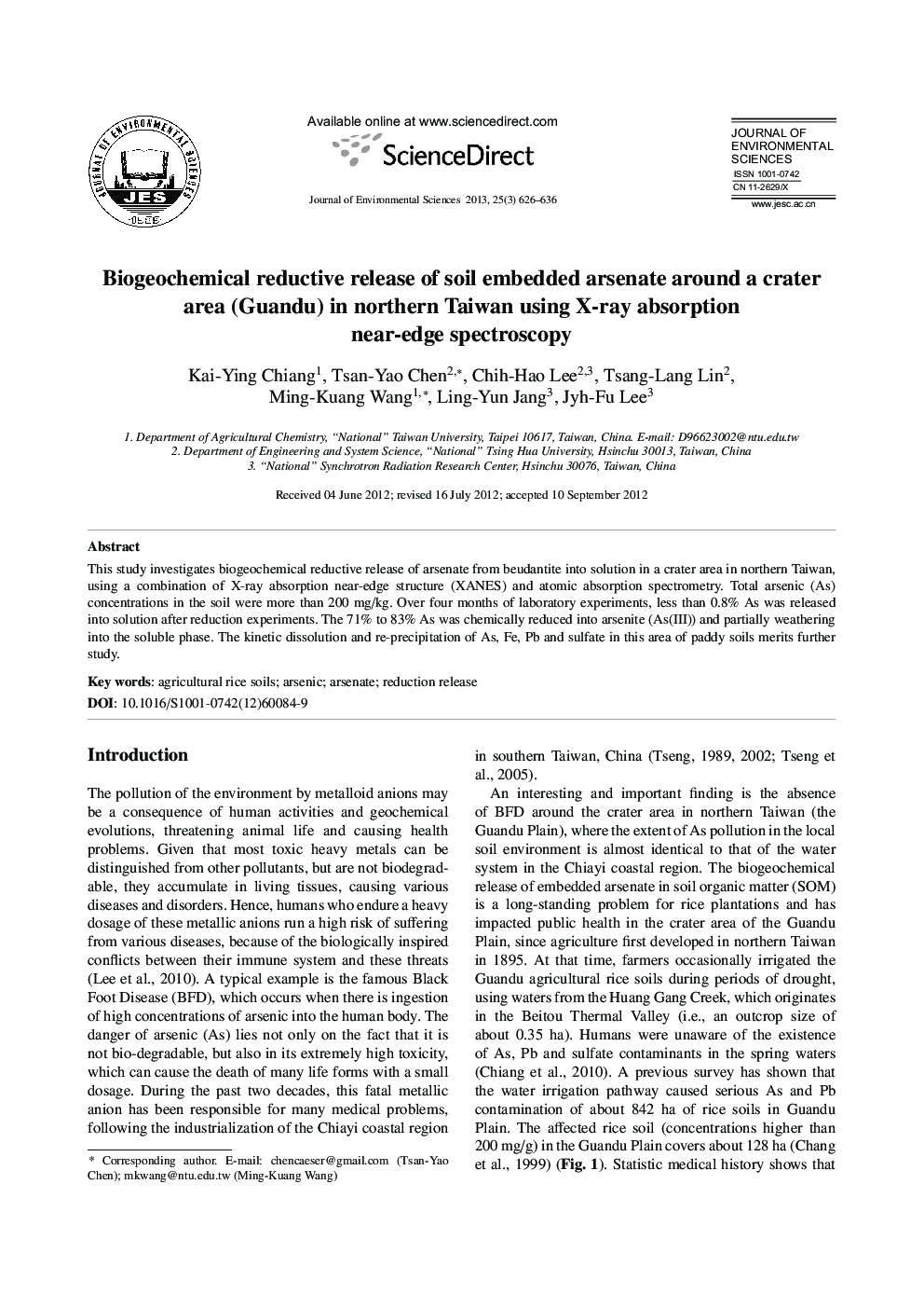 Biogeochemical reductive release of soil embedded arsenate around a crater area (Guandu) in northern Taiwan using X-ray absorption near-edge spectroscopy