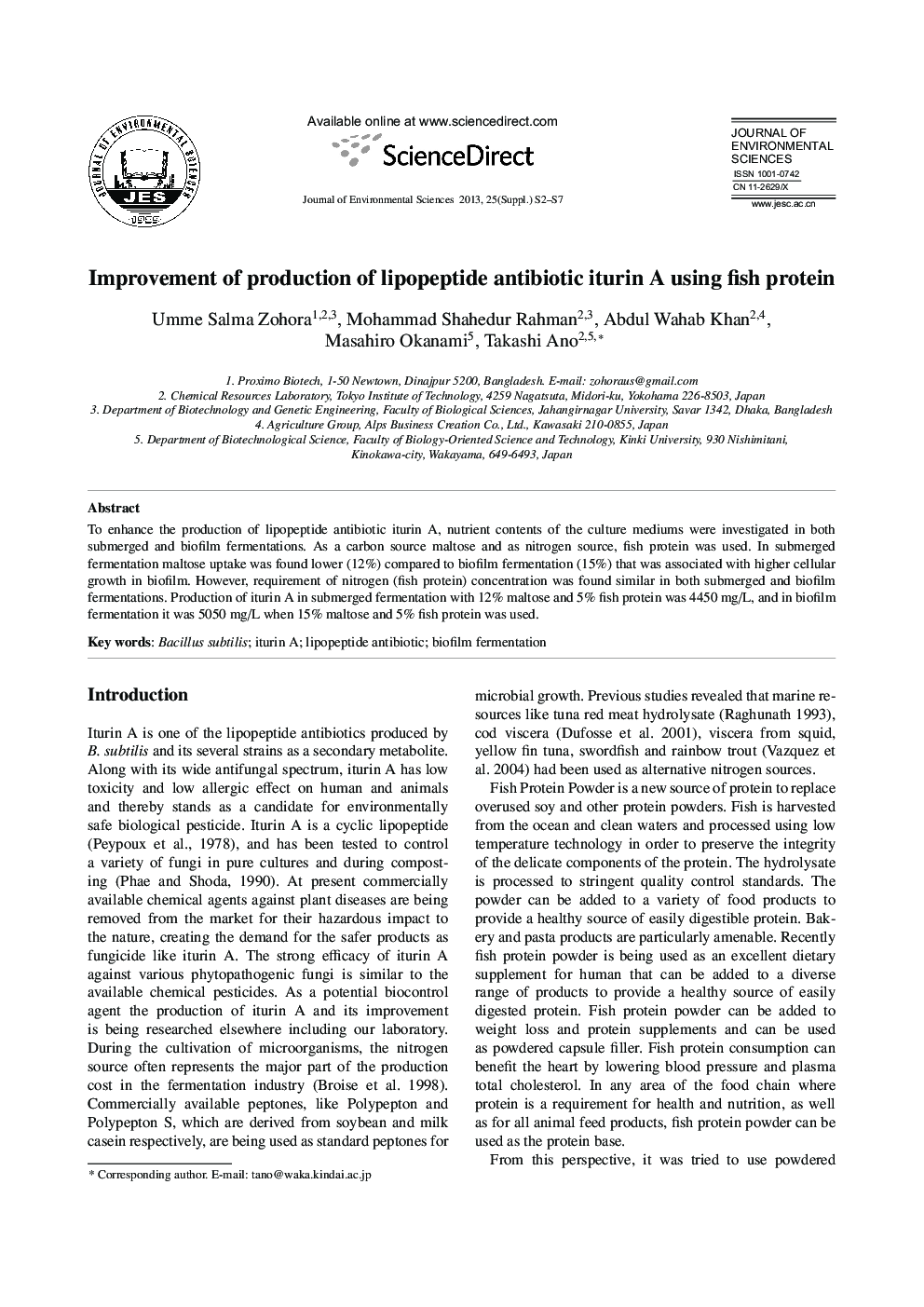 Improvement of production of lipopeptide antibiotic iturin A using fish protein