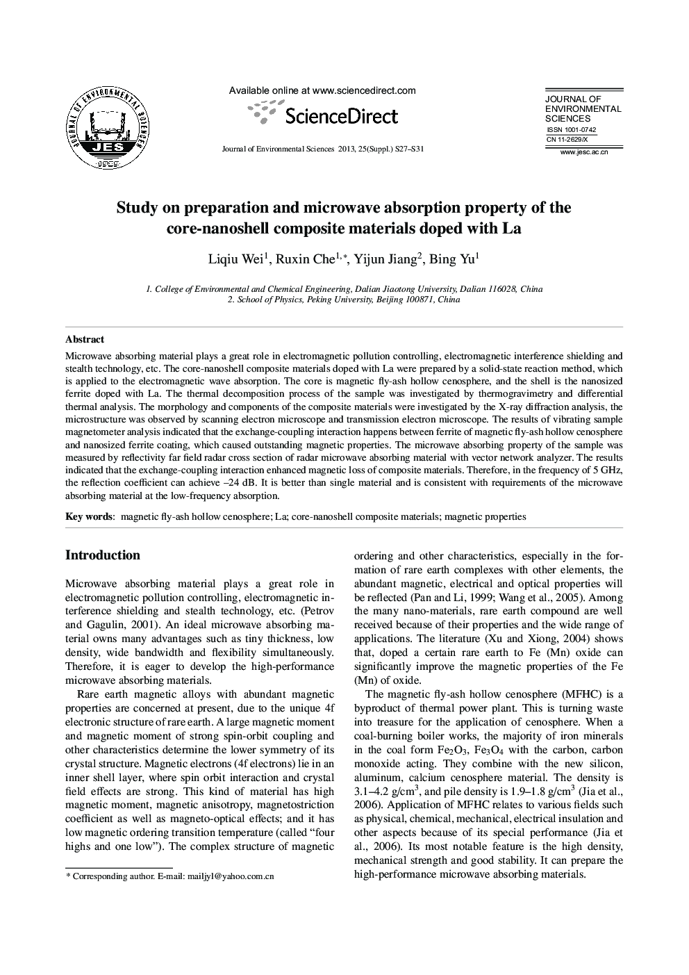 Study on preparation and microwave absorption property of the core-nanoshell composite materials doped with La