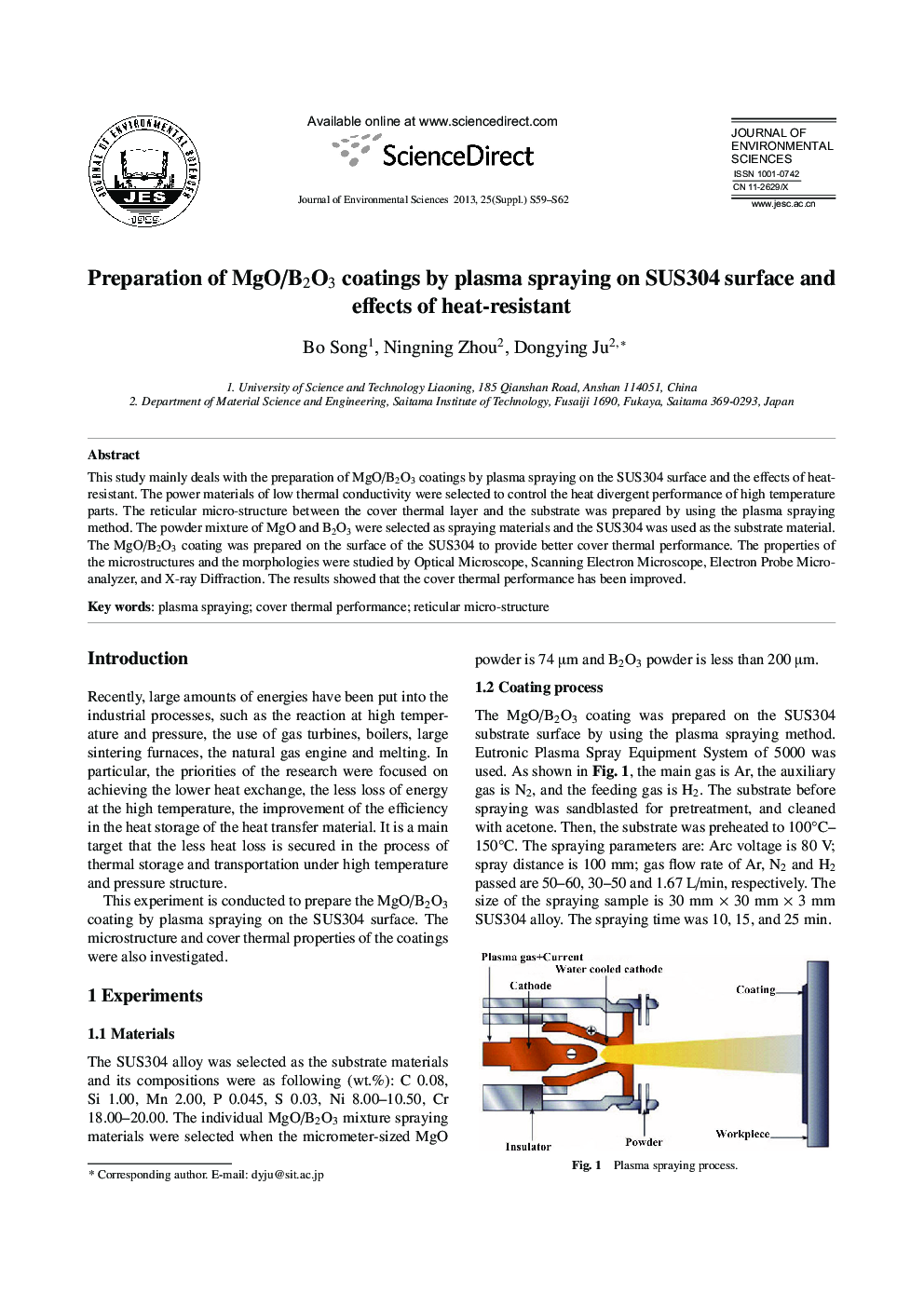 عکس صفحه اول مقاله: Preparation of MgO/B2O3 coatings by plasma spraying on SUS304 surface and effects of heat-resistant Preparation of MgO/B2O3 coatings by plasma spraying on SUS304 surface and effects of heat-resistant
