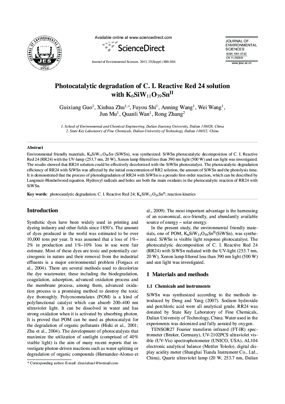 Photocatalytic degradation of C. I. Reactive Red 24 solution with K6SiW11O39SnII