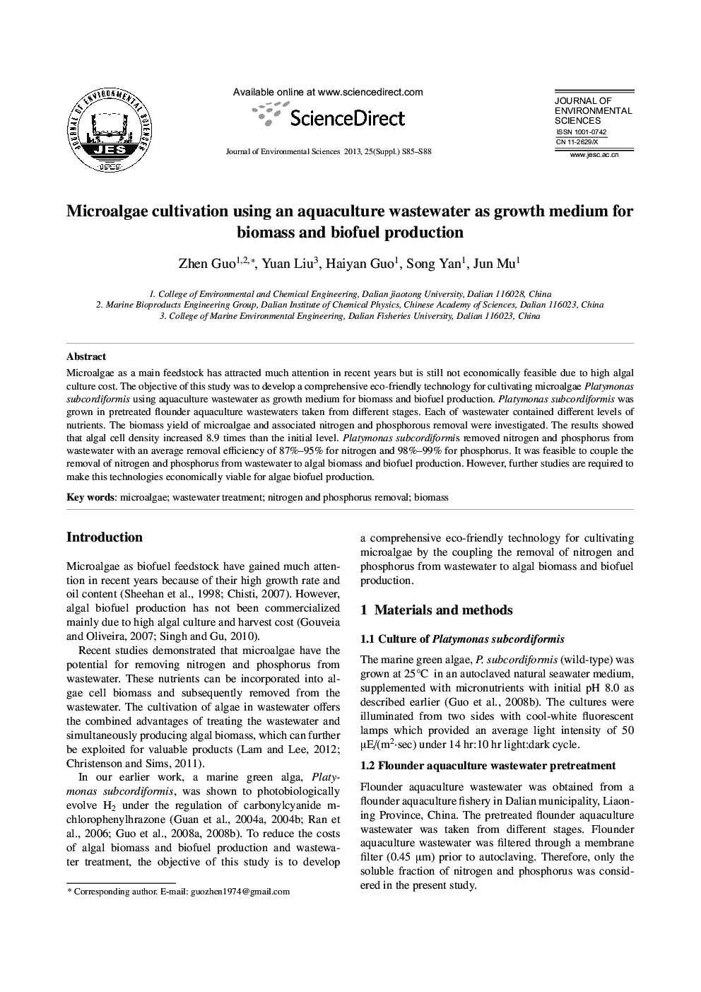 Microalgae cultivation using an aquaculture wastewater as growth medium for biomass and biofuel production