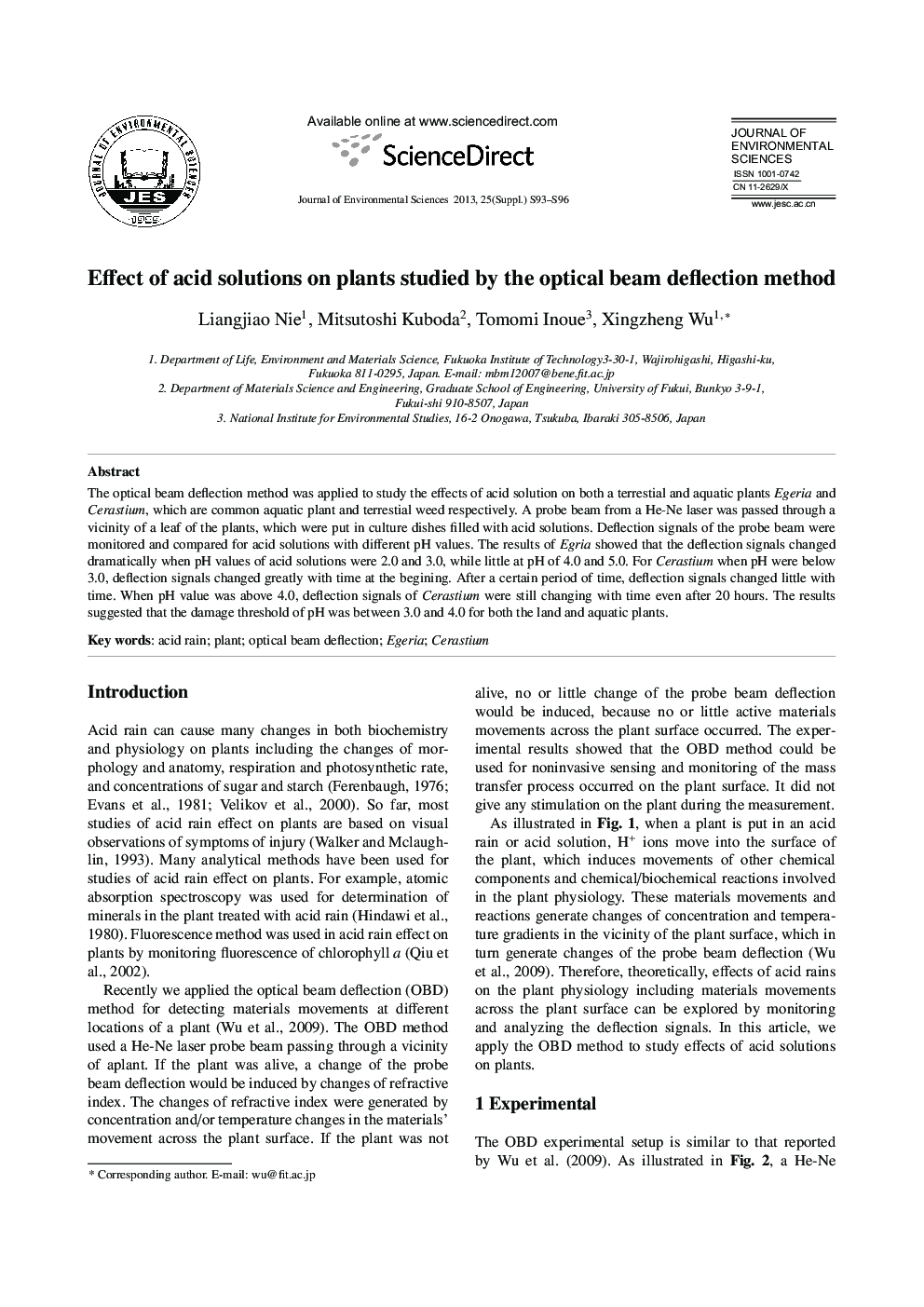 Effect of acid solutions on plants studied by the optical beam deflection method