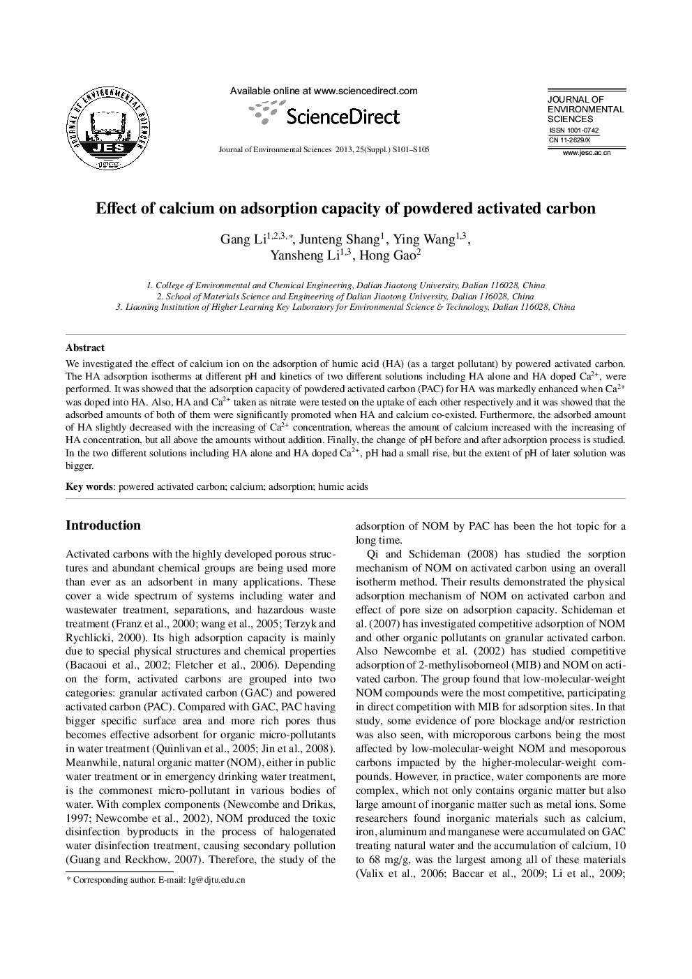 عکس صفحه اول مقاله: Effect of calcium on adsorption capacity of powdered activated carbon Effect of calcium on adsorption capacity of powdered activated carbon