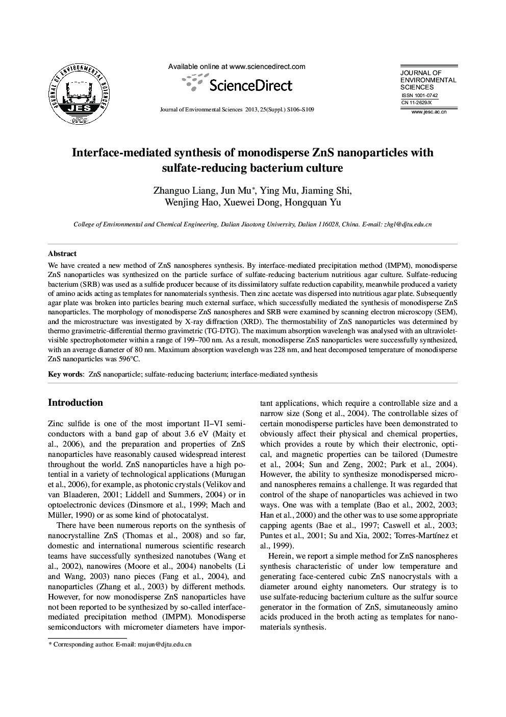 Interface-mediated synthesis of monodisperse ZnS nanoparticles with sulfate-reducing bacterium culture