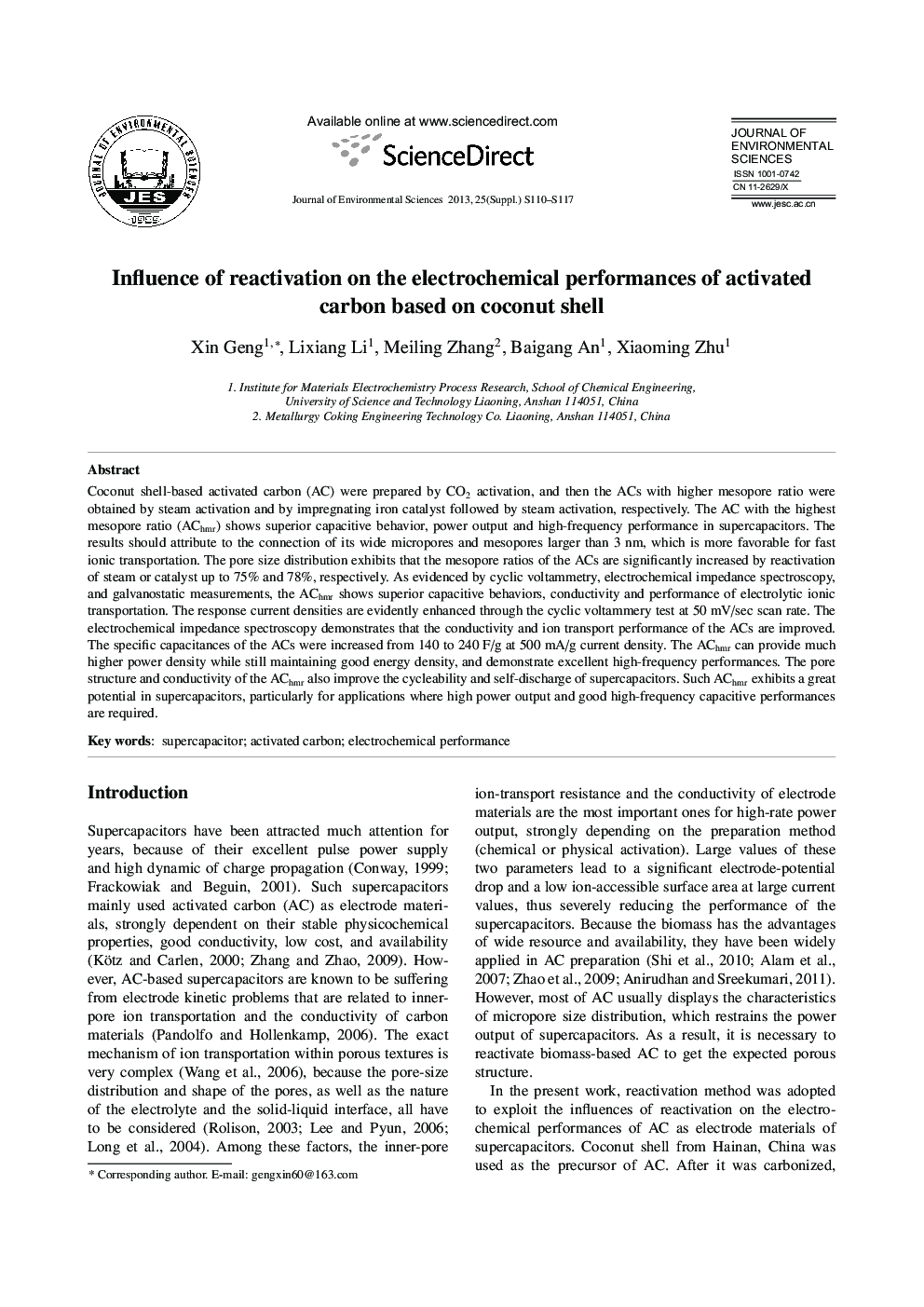 Influence of reactivation on the electrochemical performances of activated carbon based on coconut shell
