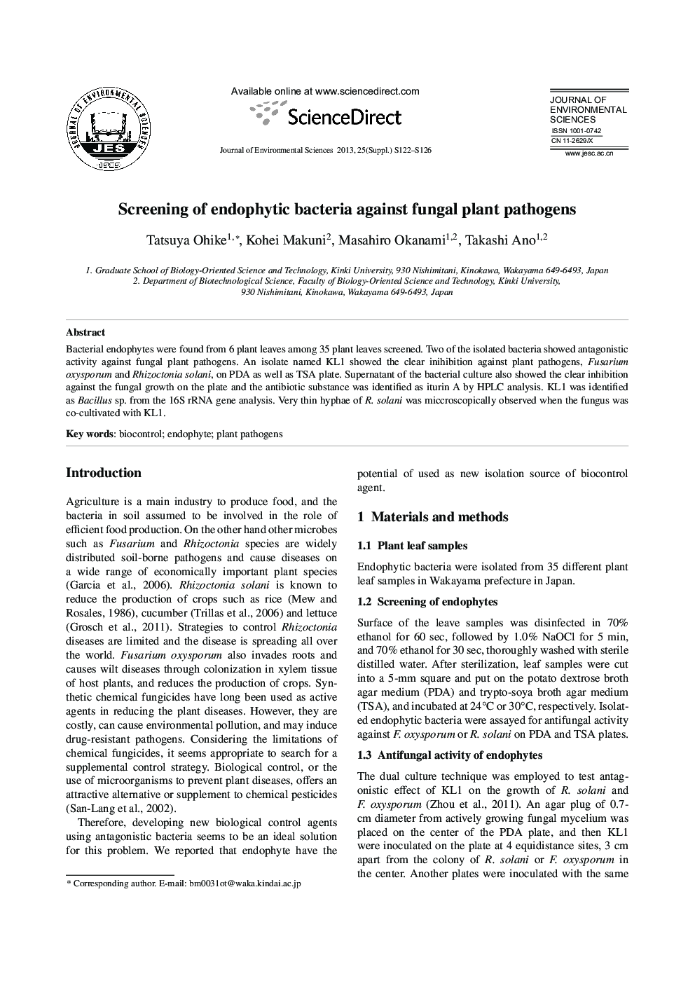 Screening of endophytic bacteria against fungal plant pathogens