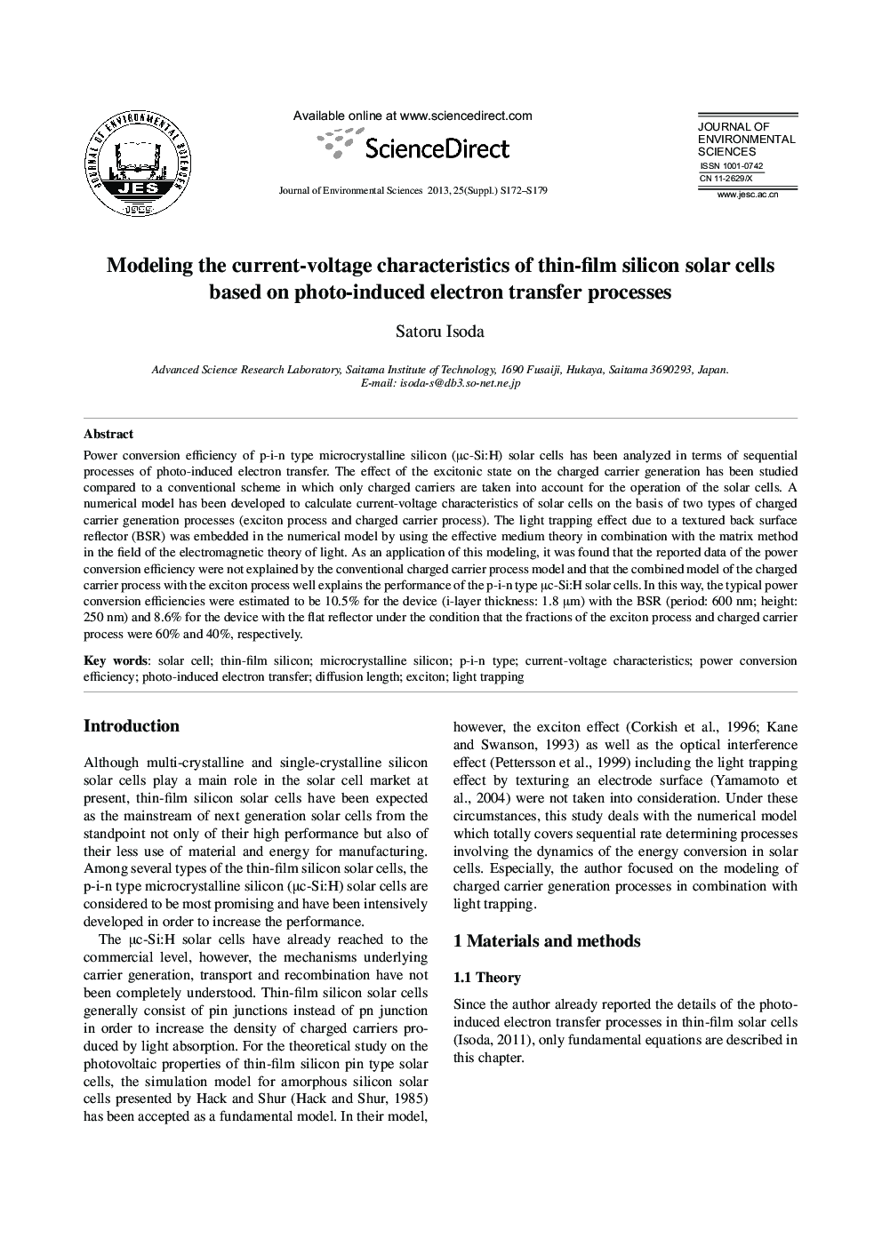 عکس صفحه اول مقاله: Modeling the current-voltage characteristics of thin-film silicon solar cells based on photo-induced electron transfer processes Modeling the current-voltage characteristics of thin-film silicon solar cells based on photo-induced electron transfer processes