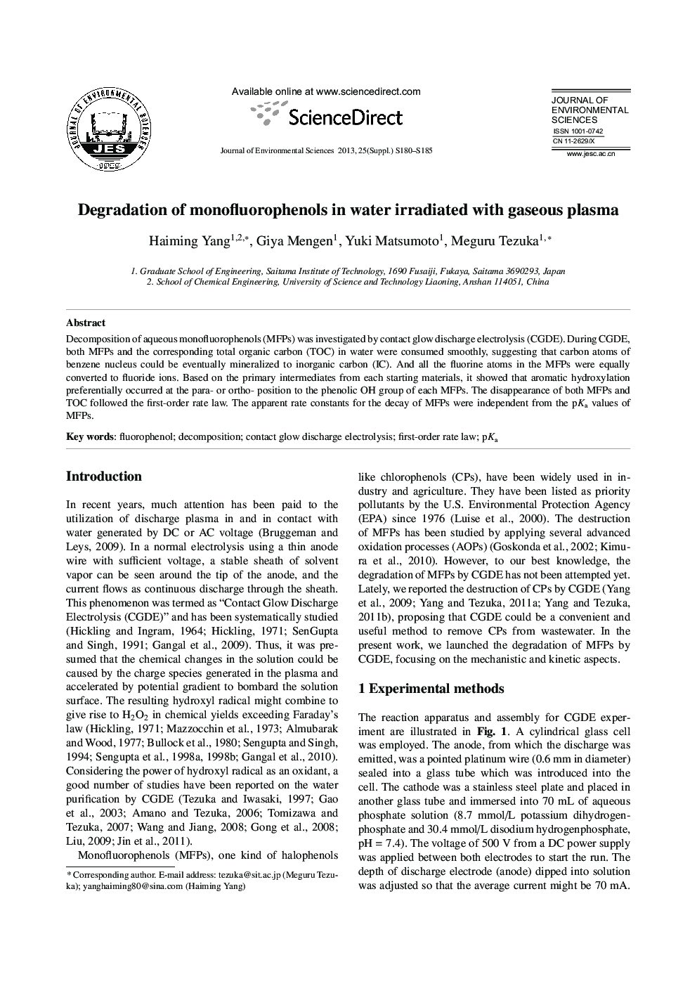 Degradation of monofluorophenols in water irradiated with gaseous plasma