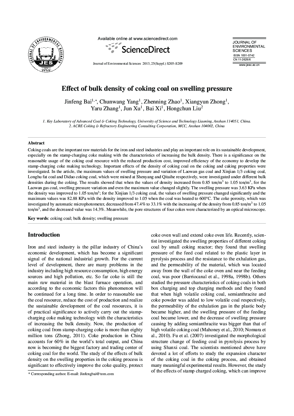Effect of bulk density of coking coal on swelling pressure