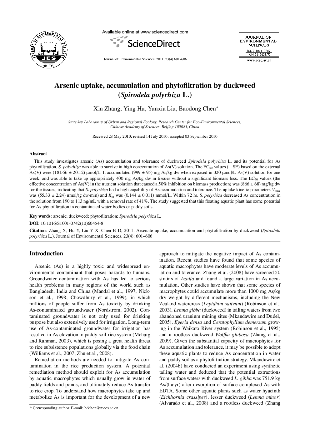 Arsenic uptake, accumulation and phytofiltration by duckweed (Spirodela polyrhiza L.)