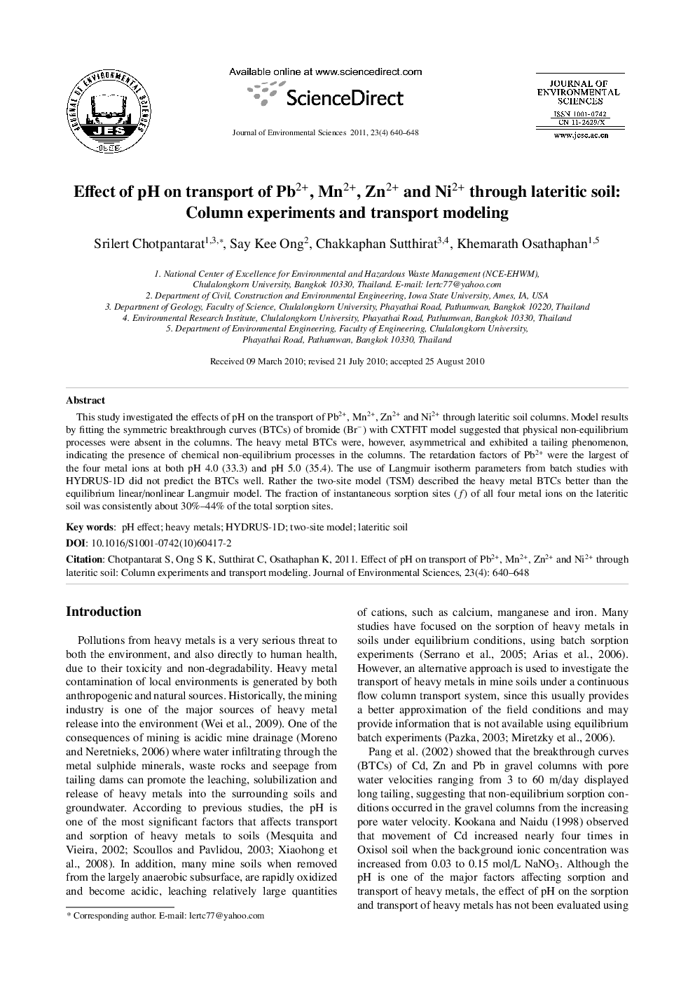 عکس صفحه اول مقاله: Effect of pH on transport of Pb2+, Mn2+, Zn2+ and Ni2+ through lateritic soil: Column experiments and transport modeling Effect of pH on transport of Pb2+, Mn2+, Zn2+ and Ni2+ through lateritic soil: Column experiments and transport modeling