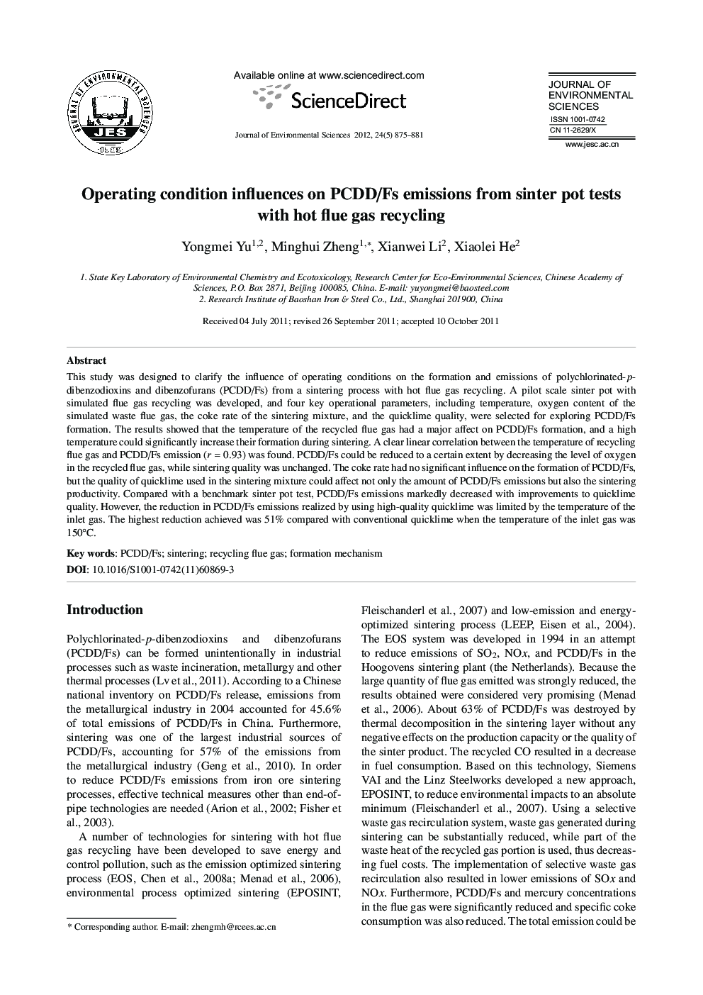 Operating condition influences on PCDD/Fs emissions from sinter pot tests with hot flue gas recycling