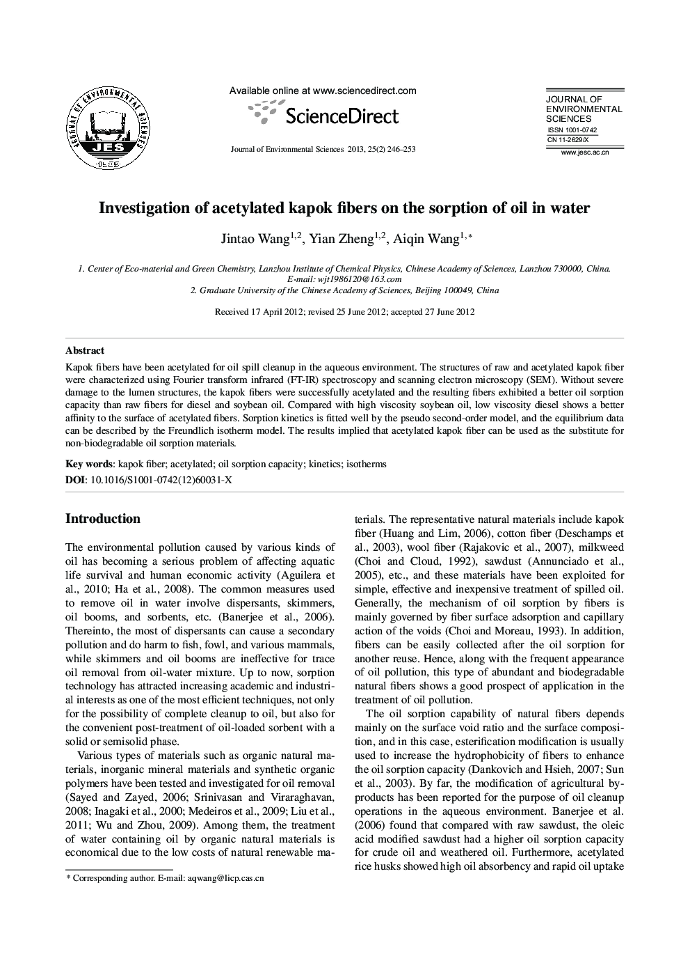 Investigation of acetylated kapok fibers on the sorption of oil in water
