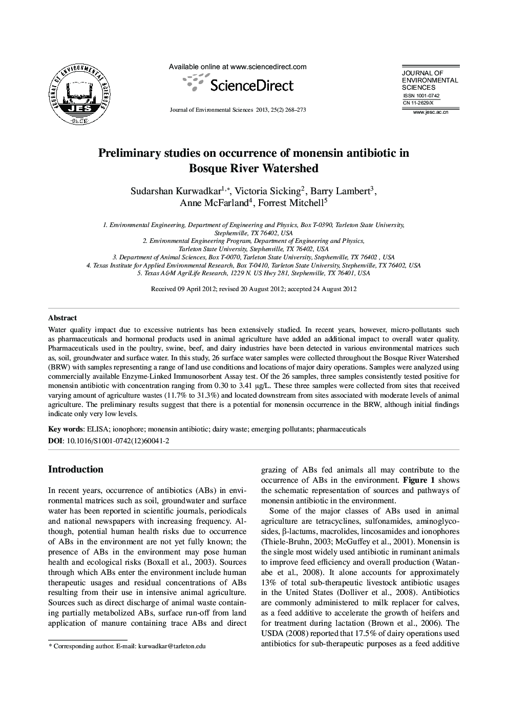 Preliminary studies on occurrence of monensin antibiotic in Bosque River Watershed