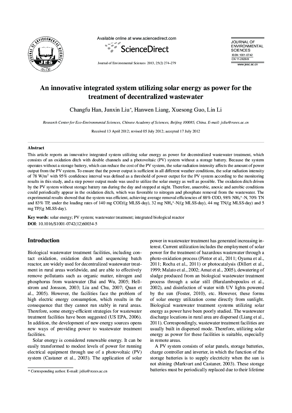 An innovative integrated system utilizing solar energy as power for the treatment of decentralized wastewater