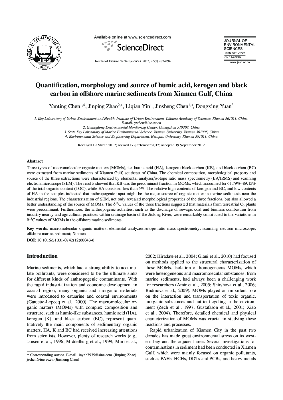Quantification, morphology and source of humic acid, kerogen and black carbon in offshore marine sediments from Xiamen Gulf, China