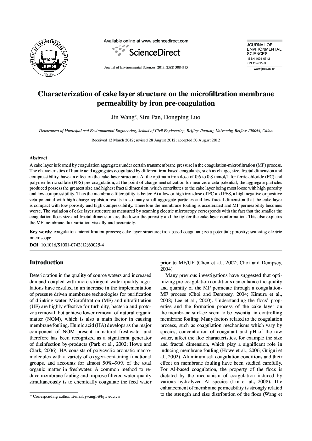 Characterization of cake layer structure on the microfiltration membrane permeability by iron pre-coagulation