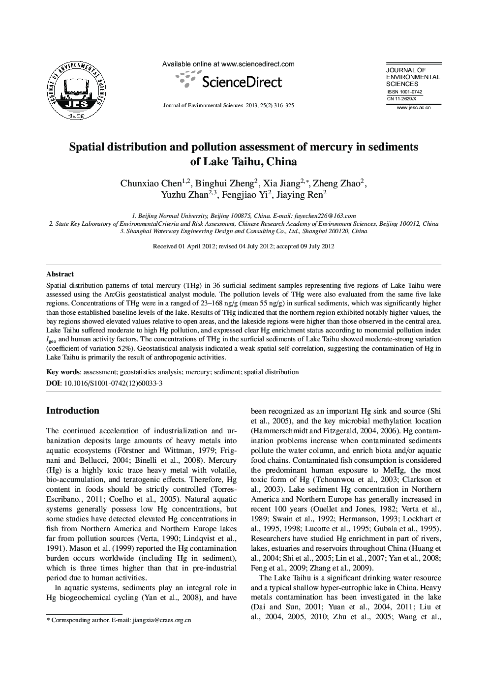 Spatial distribution and pollution assessment of mercury in sediments of Lake Taihu, China