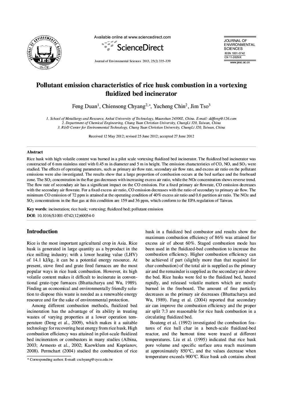 Pollutant emission characteristics of rice husk combustion in a vortexing fluidized bed incinerator