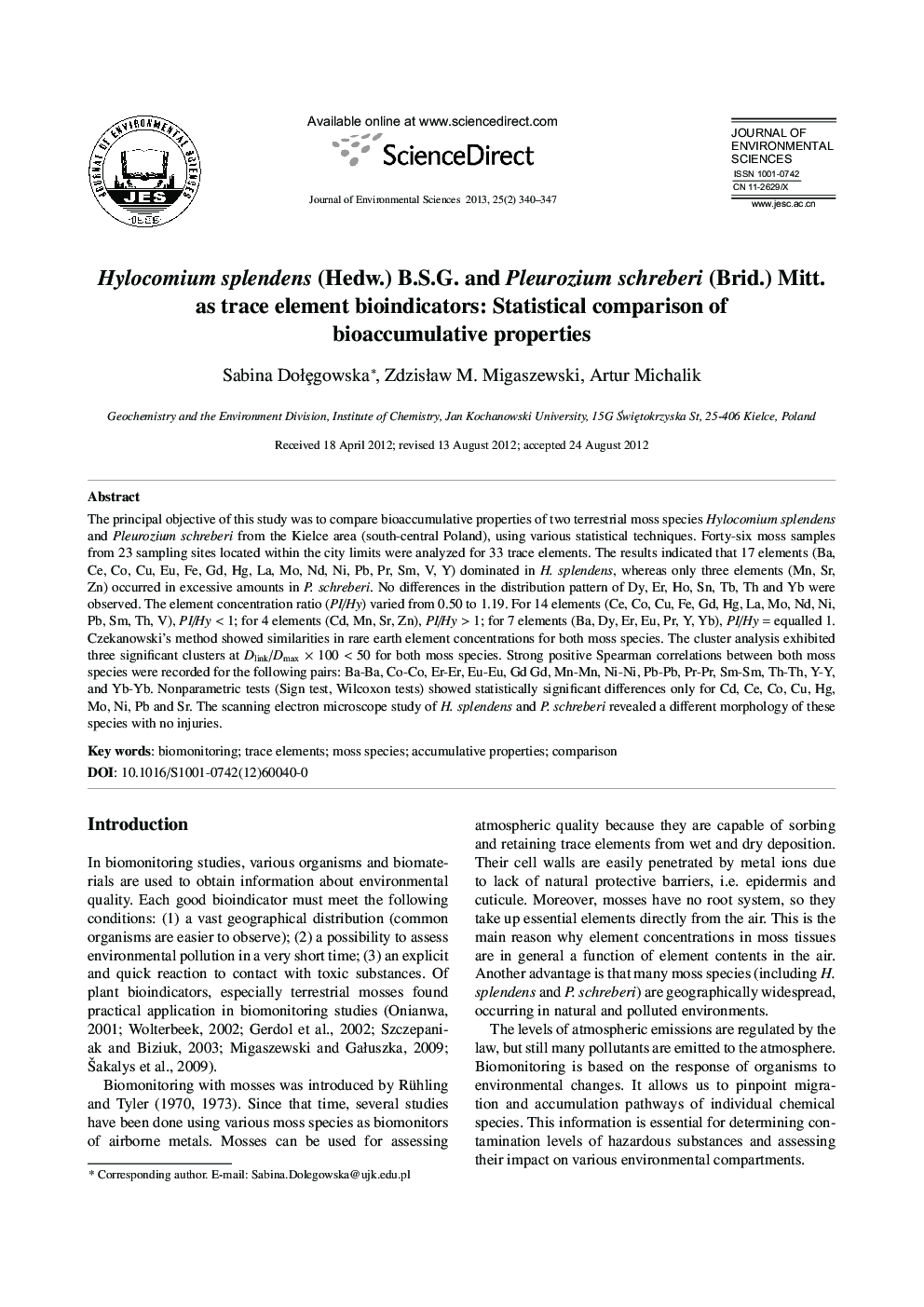Hylocomium splendens (Hedw.) B.S.G. and Pleurozium schreberi (Brid.) Mitt. as trace element bioindicators: Statistical comparison of bioaccumulative properties