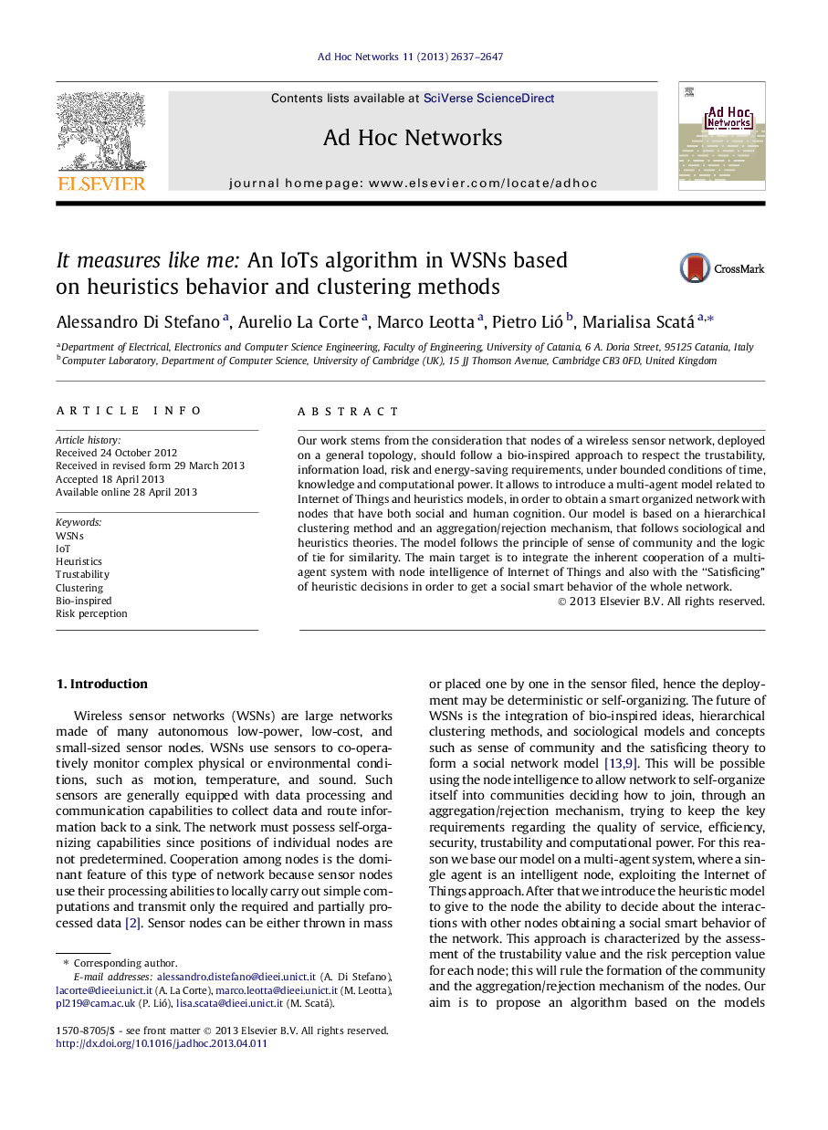 It measures like me: An IoTs algorithm in WSNs based on heuristics behavior and clustering methods