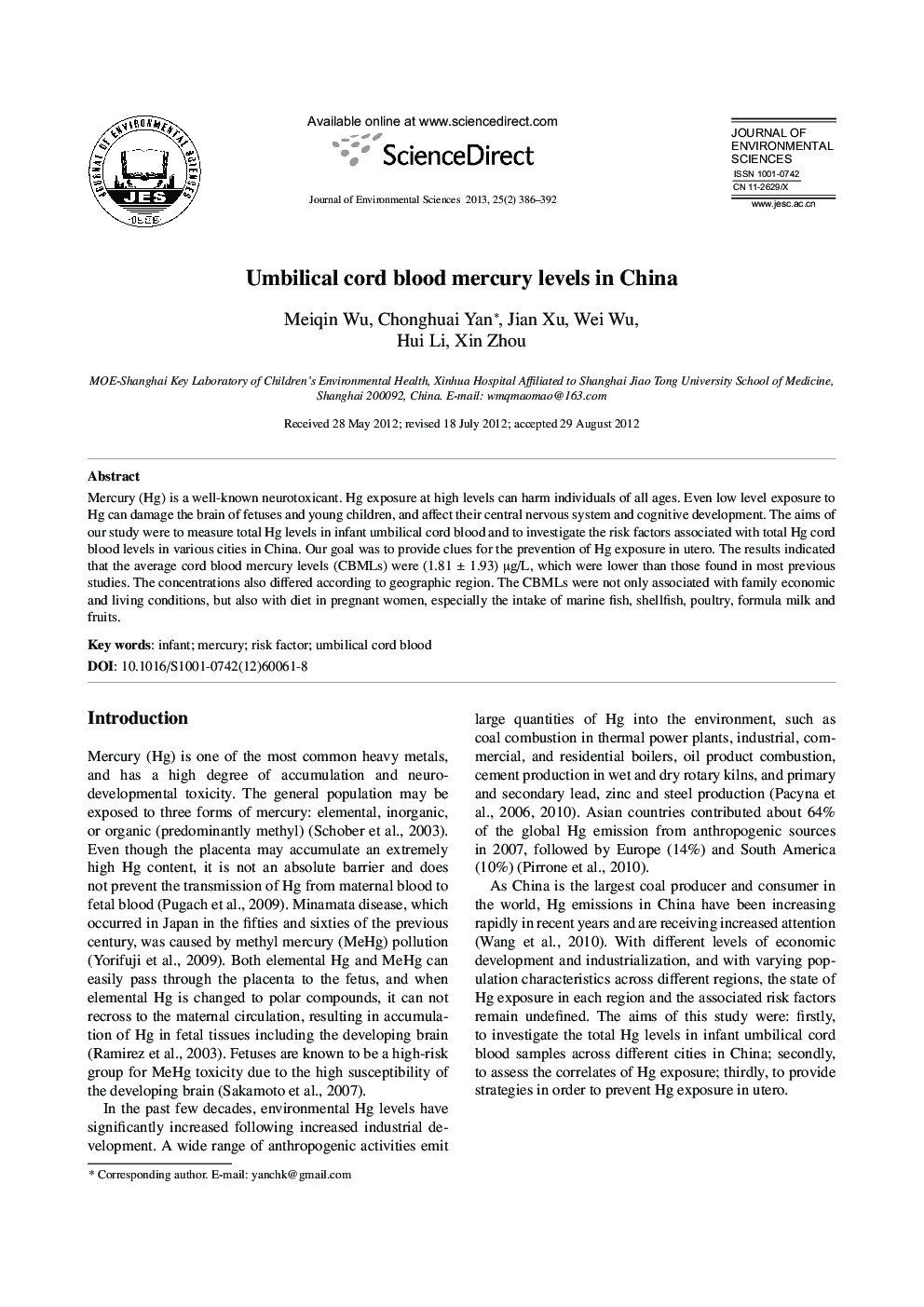 Umbilical cord blood mercury levels in China