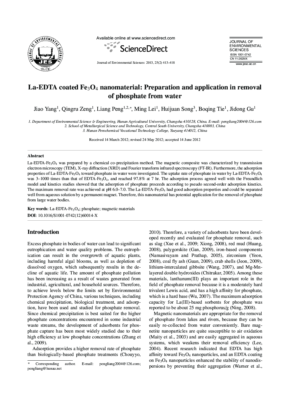 La-EDTA coated Fe3O4 nanomaterial: Preparation and application in removal of phosphate from water