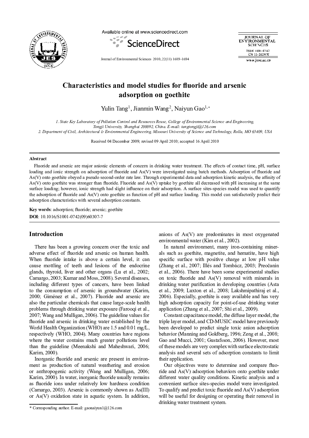 Characteristics and model studies for fluoride and arsenic adsorption on goethite