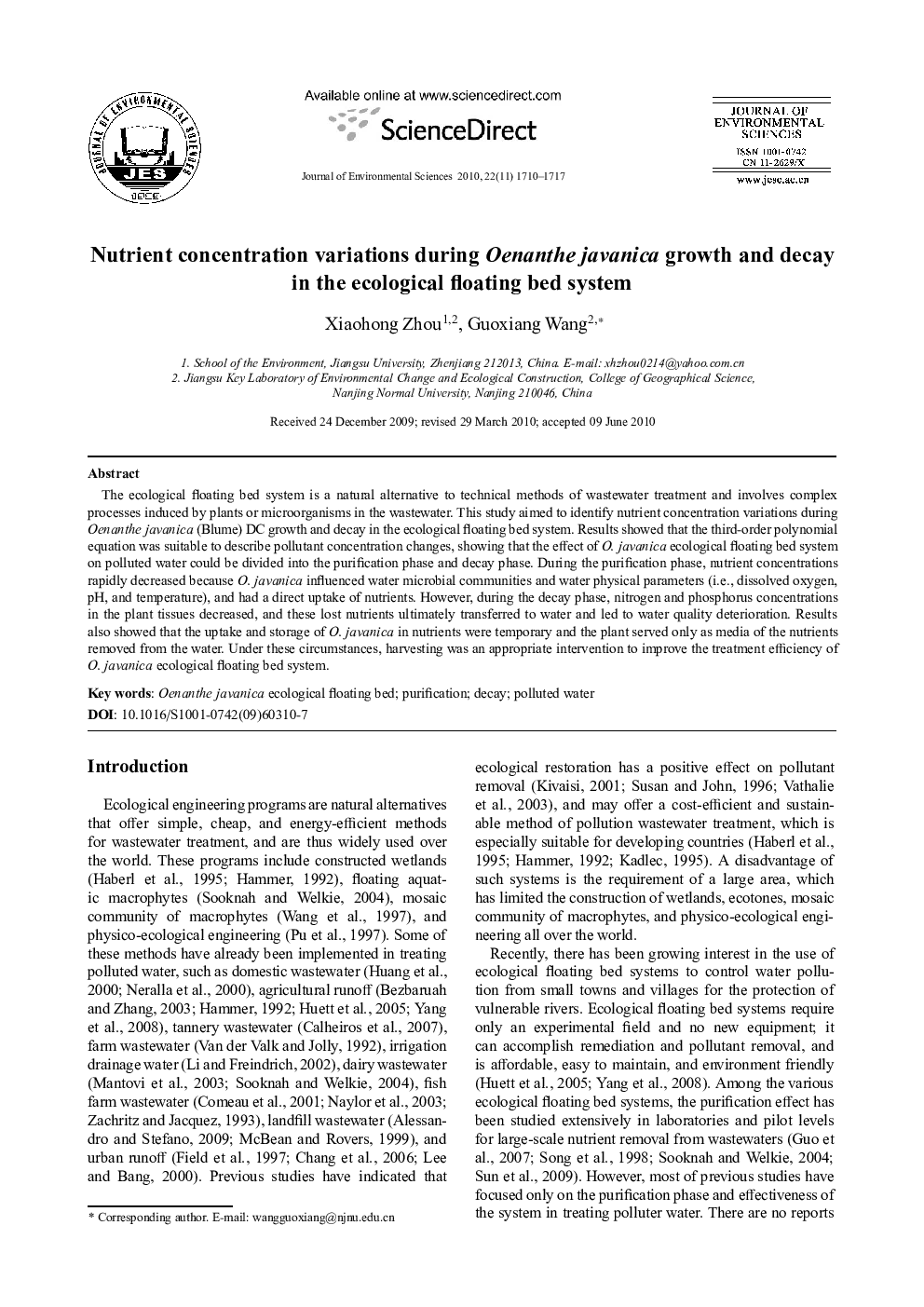 Nutrient concentration variations during Oenanthe javanica growth and decay in the ecological floating bed system
