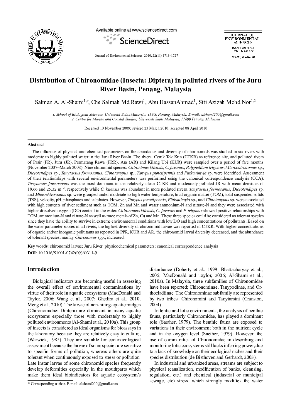 Distribution of Chironomidae (Insecta: Diptera) in polluted rivers of the Juru River Basin, Penang, Malaysia