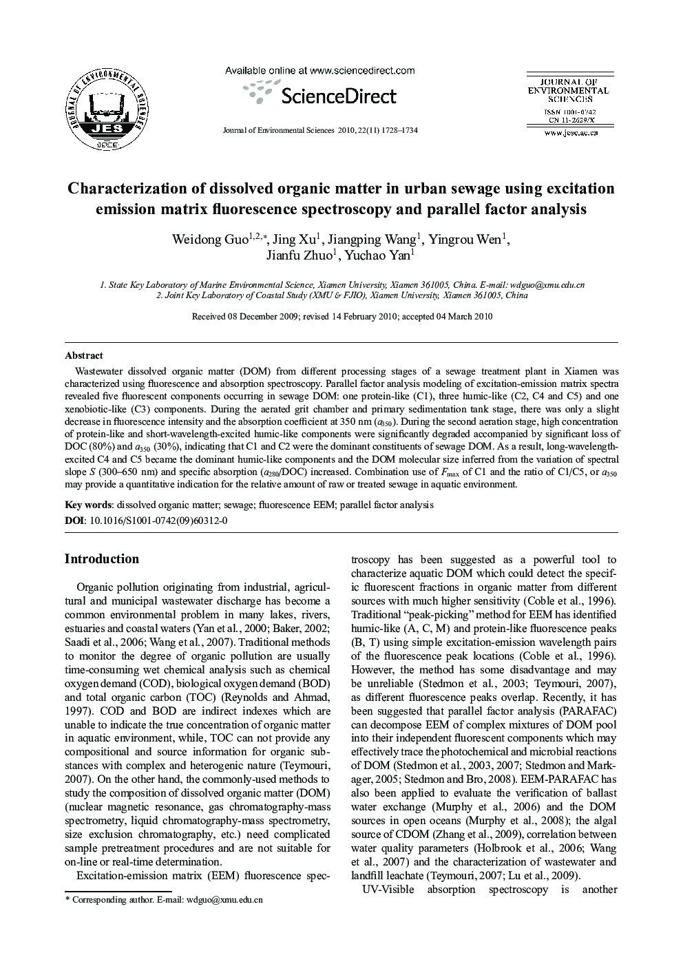 Characterization of dissolved organic matter in urban sewage using excitation emission matrix fluorescence spectroscopy and parallel factor analysis