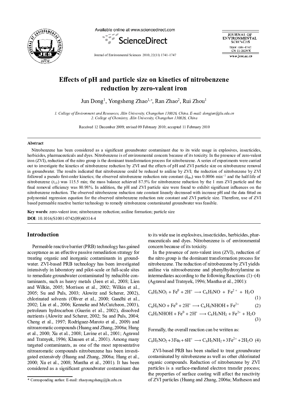 Effects of pH and particle size on kinetics of nitrobenzene reduction by zero-valent iron