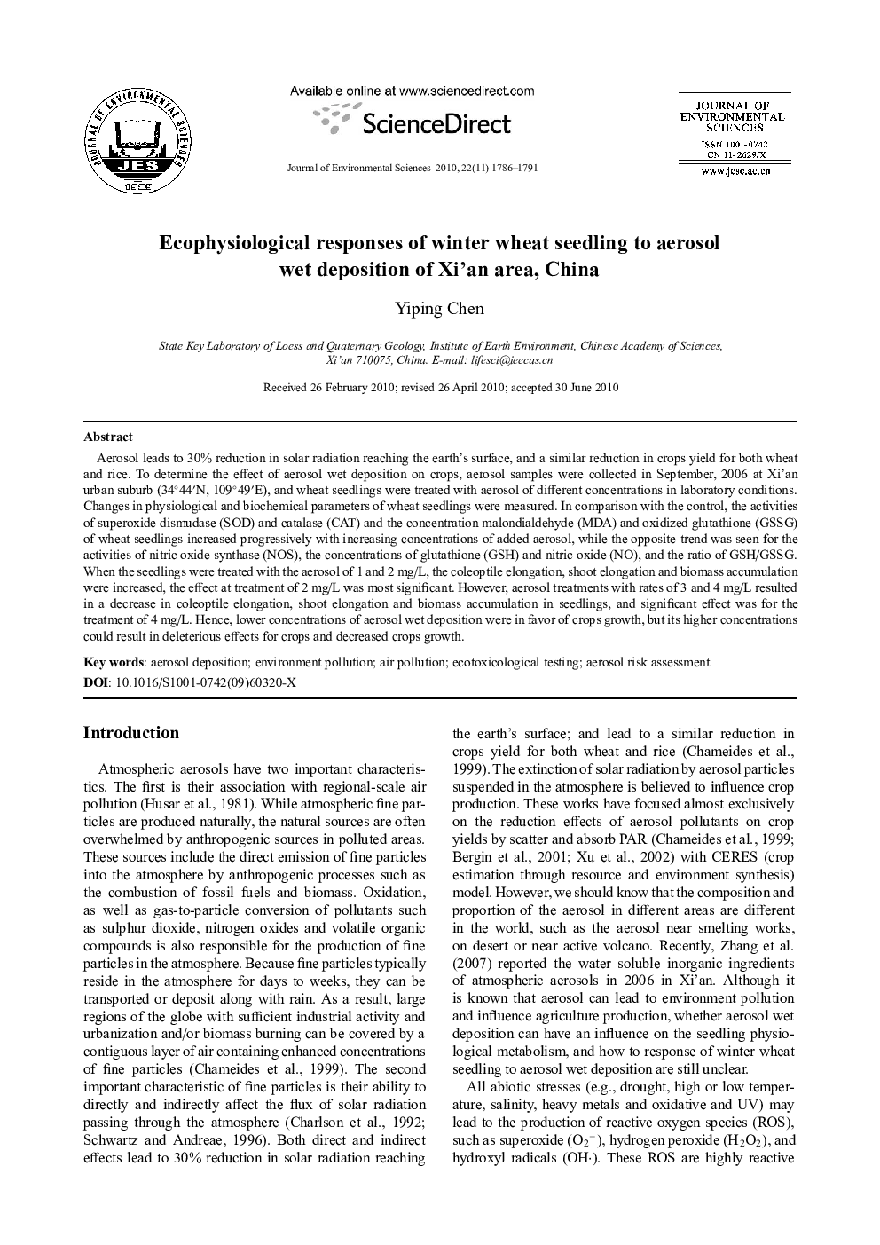 Ecophysiological responses of winter wheat seedling to aerosol wet deposition of Xi'an area, China