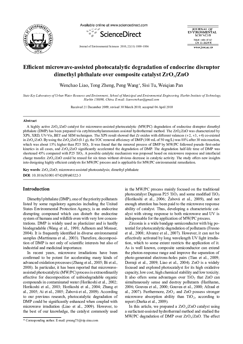Efficient microwave-assisted photocatalytic degradation of endocrine disruptor dimethyl phthalate over composite catalyst ZrOx/ZnO
